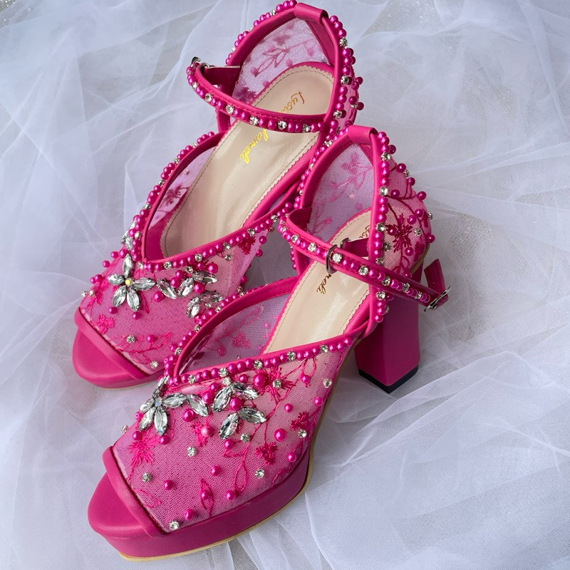 I sepatu payet  pengantin sepatu pesta wisuda dan lamaran hak sepatu tali mangkok warna fanta model 