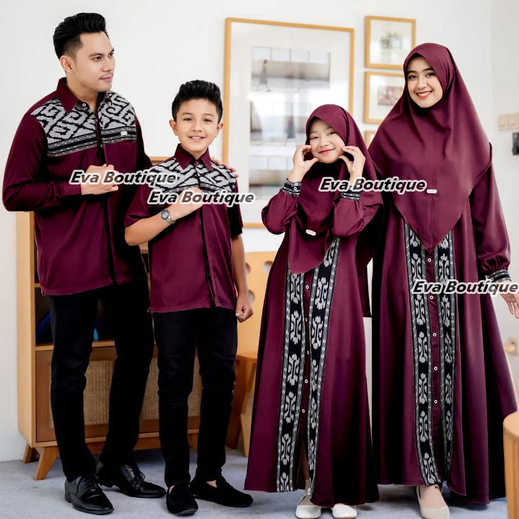 (READY STOCK) - Qanari Burgundy Set Couple Family Lebaran Sarimbit Keluarga Baju Couple Tenun Couple