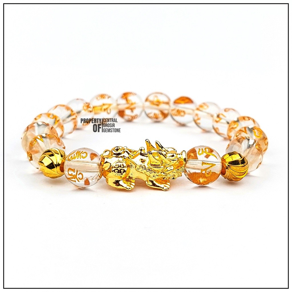Gelang Pixiu Stone Colorless Obsidian Motif Mantra