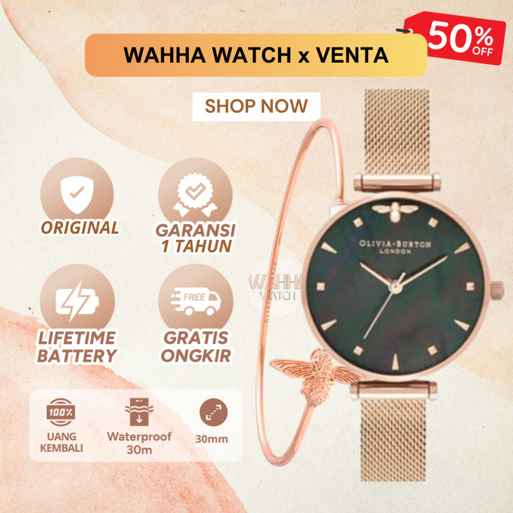 Olivia Burton Queen Bee Black Mother of Pearl Rosegold Mesh - Jam Only [BERGARANSI]