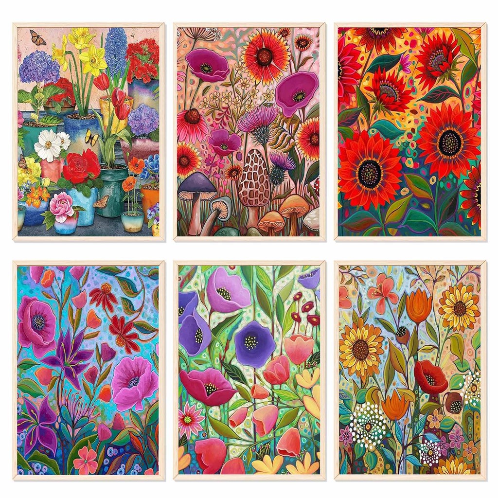 

6 Pcs Paint by Numbers - 25x35cm, Flowers on Color Rolled Canvas, Easy DIY Art for Home Decor, Stress Relief Gift (No Frame)