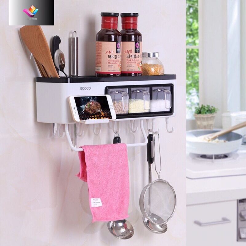 Multifunctional Wall Mounted Kitchen Storage Rack ( Long ) White - Rak Tempat Bumbu Pisau Dapur Mini