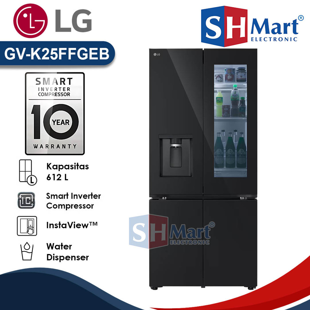 KULKAS 4 PINTU LG GV-K25FFGEB 672 LITER INSTAVIEW SMART INVERTER COMPRESSOR WATER DISPENSER GARANSI 