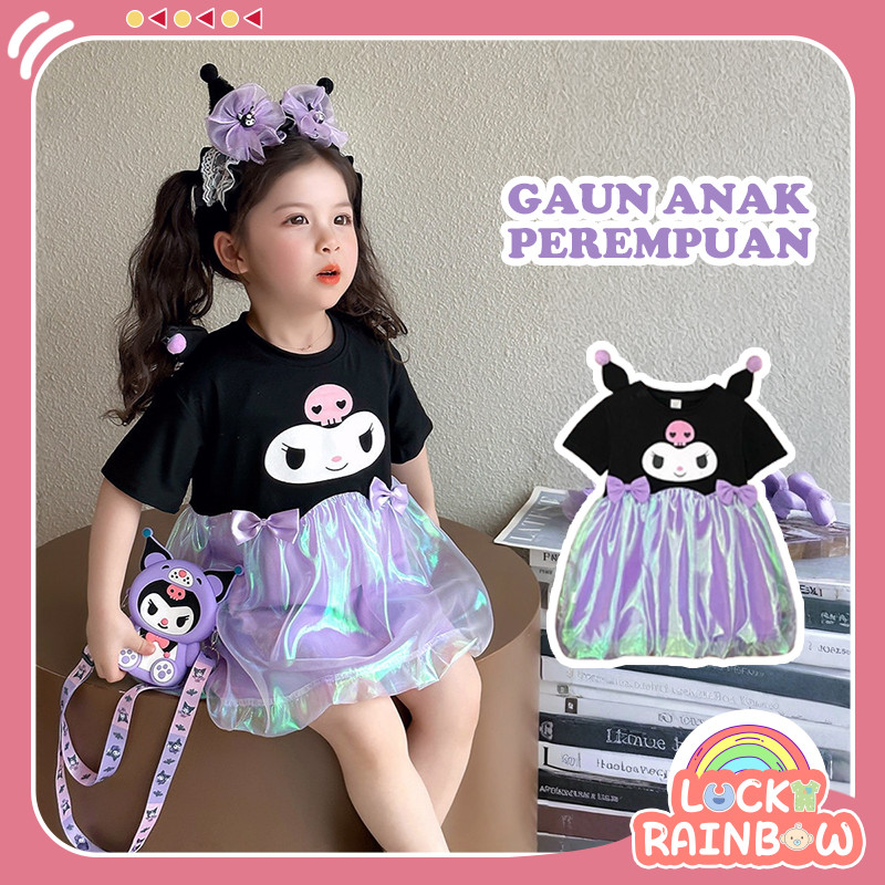1 - 10 Tahun Dress Princess Pesta Anak Perempuan Kuromi Bow Dress Kaos Lengan Pendek Anak Perempuan 
