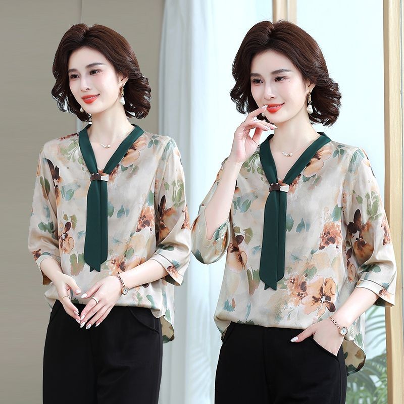 Baju wanita berbahan chiffon dengan lengan tiga perempat, bermotif, untuk ibu-ibu usia paruh baya, a