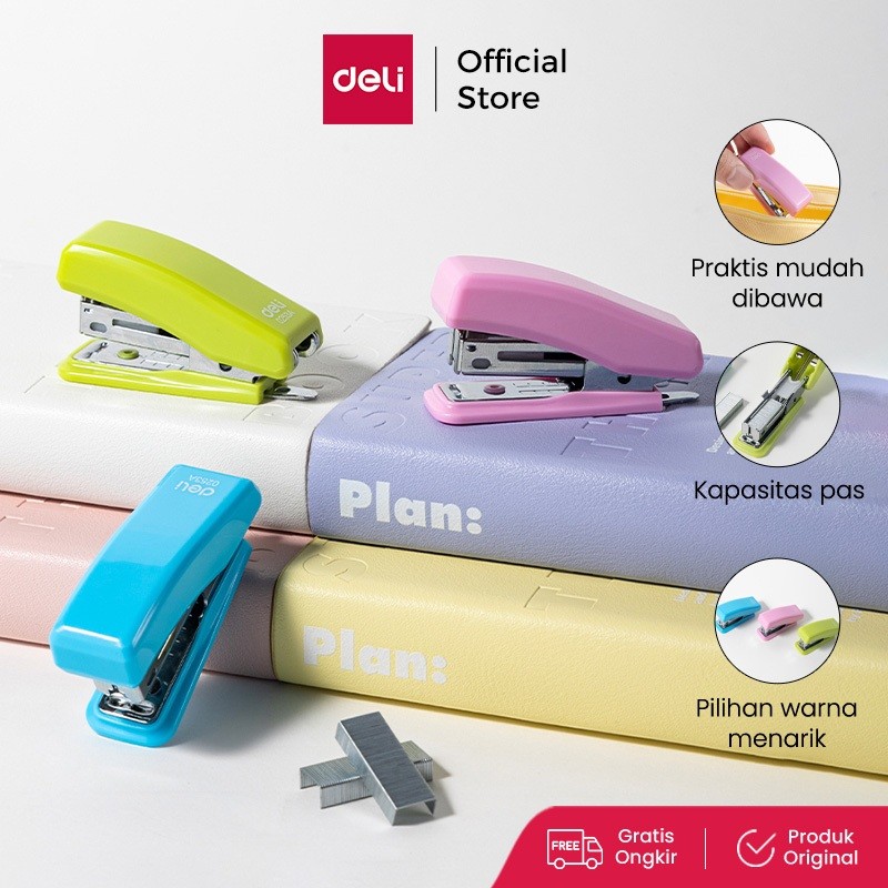 

Deli Mini Stapler / Stapler Mini Kapasitas Kertas 12 lembar 3 Warna Lucu Free Refill 0253A 0254A