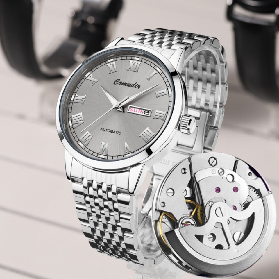 

Jam Tangan Mekanik Palsu Otomatis Penuh untuk Pria Jam Tangan Skeleton Tahan Air Trendy Bercahaya dengan Kalender Ganda