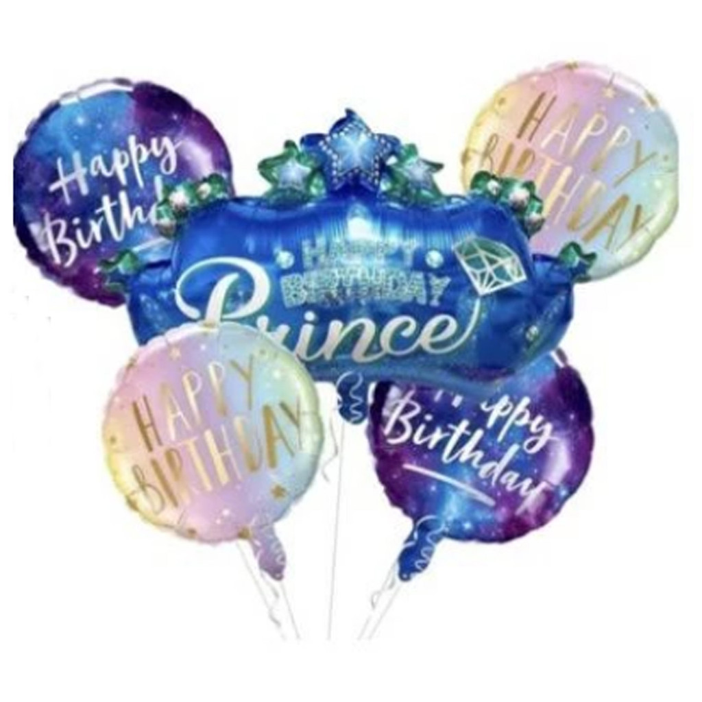 Set Balon Ulang Tahun Prince 5 Pcs – Balon Foil Happy Birthday Mahkota Biru Galaxy Elegan Anak Cowok