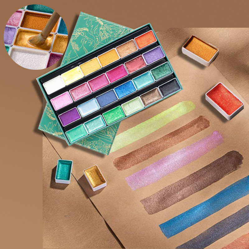 

24color Pearlescent Solid Watercolor Pigment Portable Durable for Travel Records Outdoor Sketching Painting Exercises