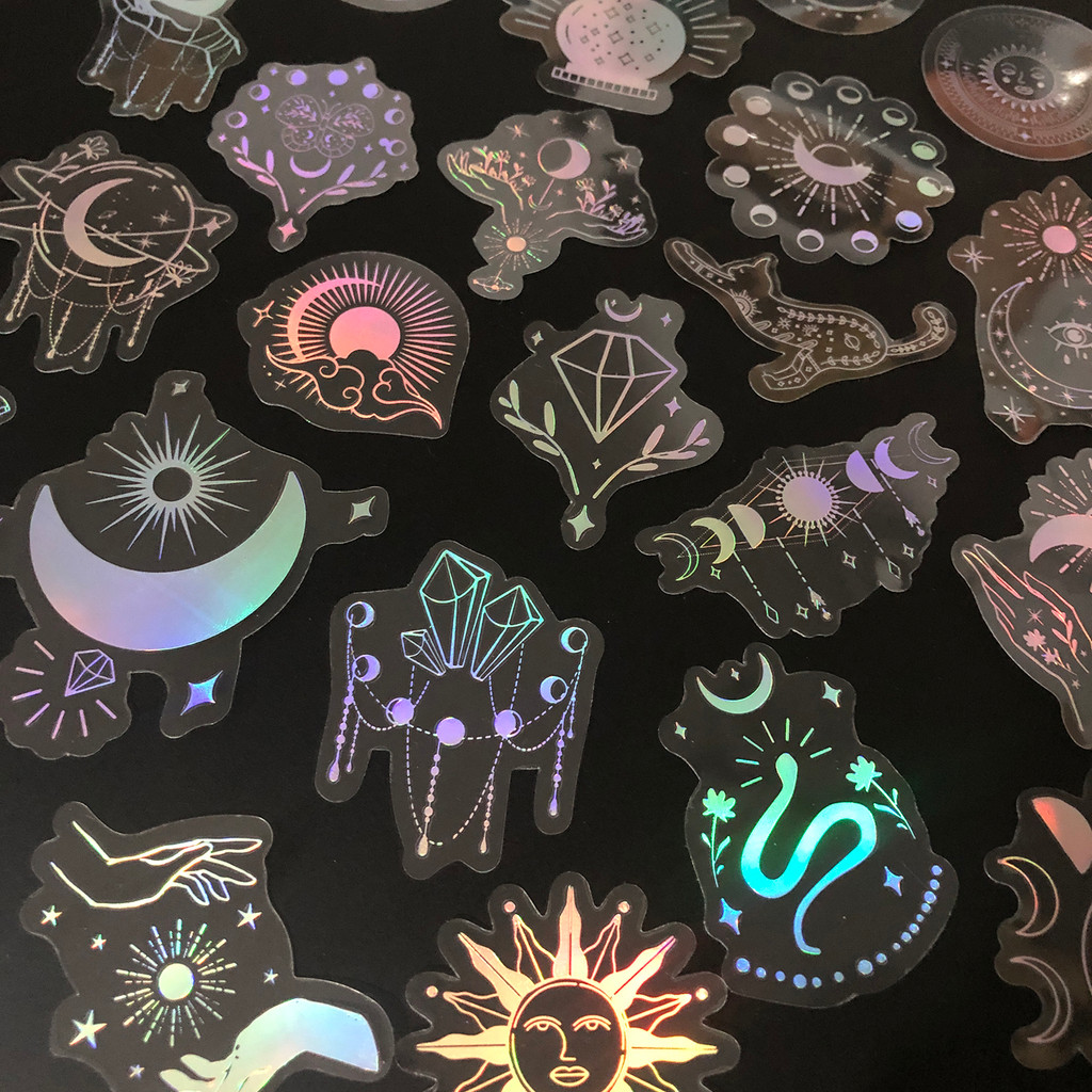 

100 pcs Laser Silver Stickers Waterproof Transparent PET Adhesive Sticker Label, The Bohemian Style: Moon, SUN, Diamond, Feather