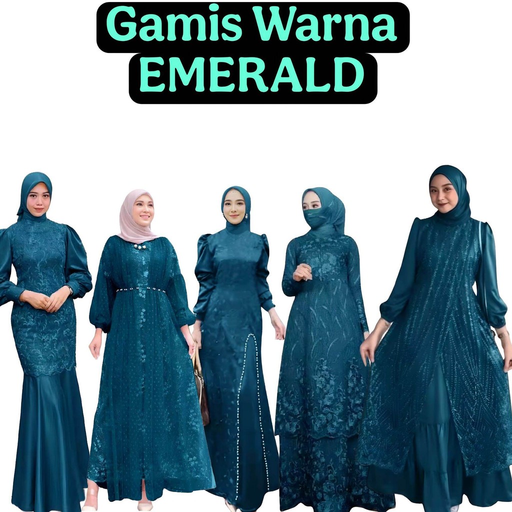 Gamis Emerald Satin Brokat Elegan | Dress Muslim Wanita Terbaru Hijau Emerald Simple Mewah | Baju Le