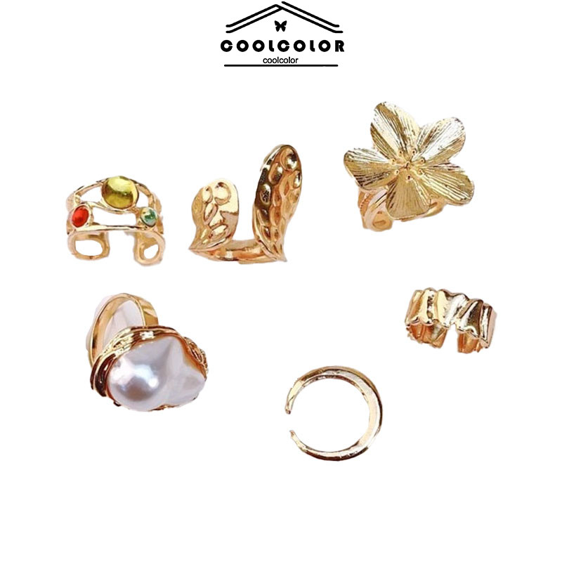 COD 6Pcs/set Cincin Mutiara Palsu Baroque Emas Dan Batu Permata Bunga Pearl Lava Cair Ujung Terbuka-