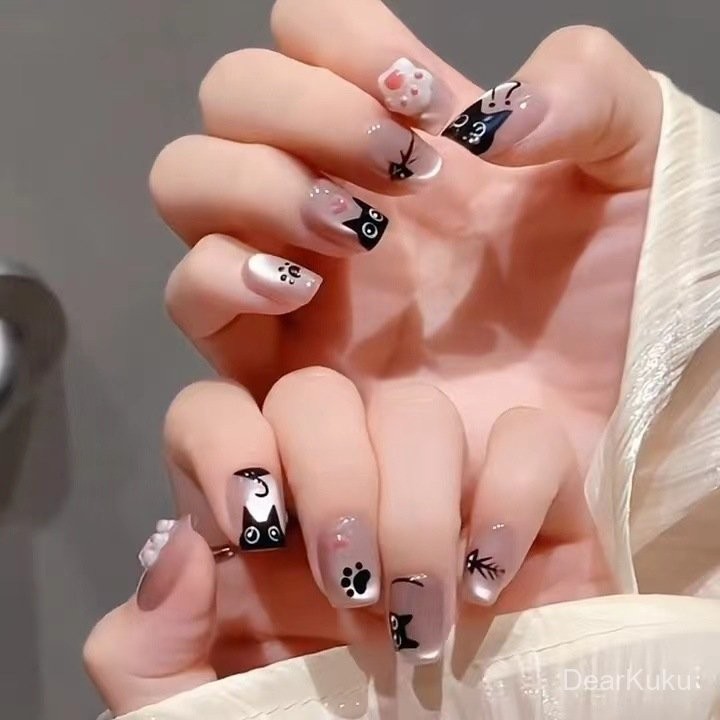 (Gratis Lem + COD) Desain Kartun Kuku Palsu Pendek Kucing Hitam Fake Nails 10pcs