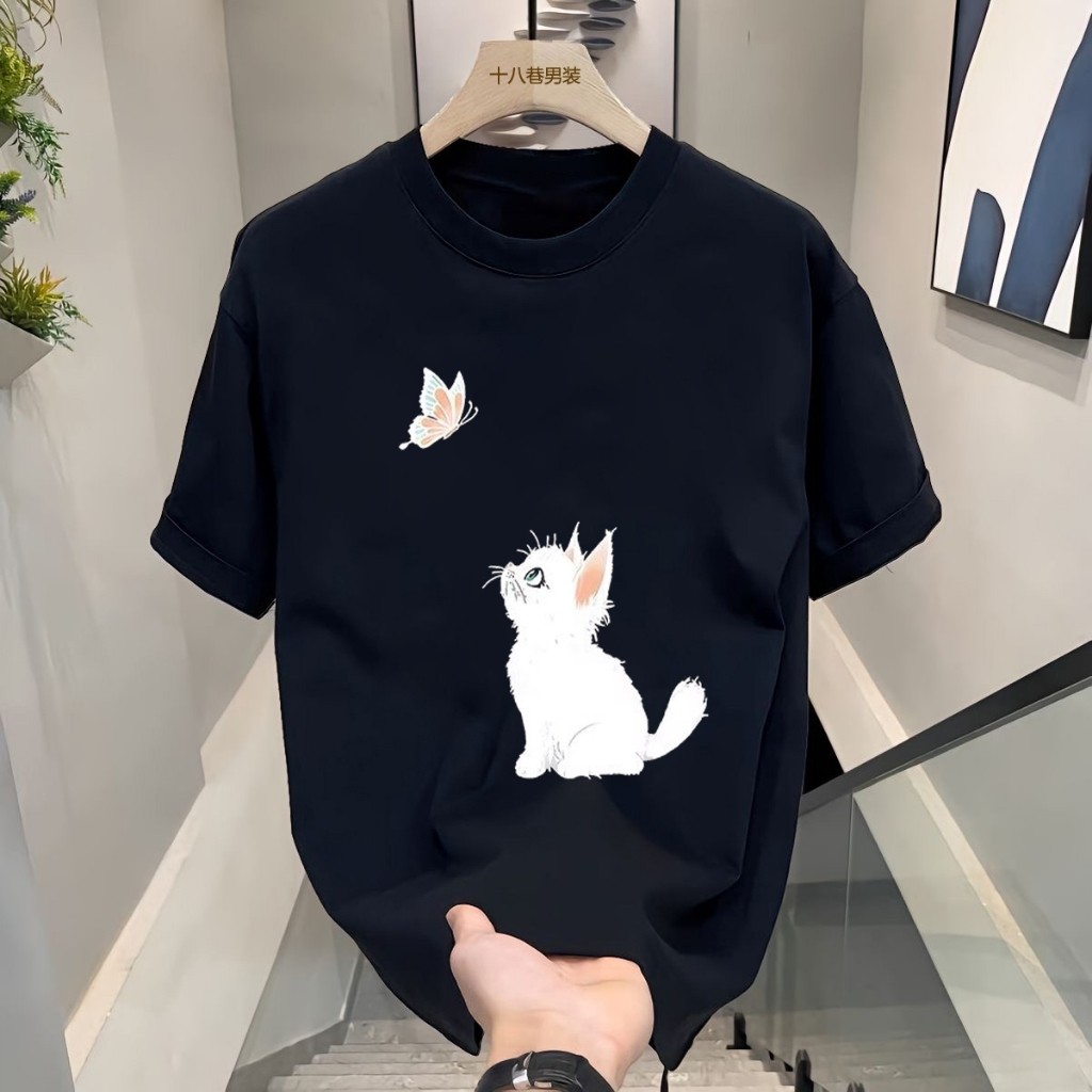 Kucing kupu-kupu dicetak kaos katun lengan pendek musim panas baru meledak longgar pasang surut pemi