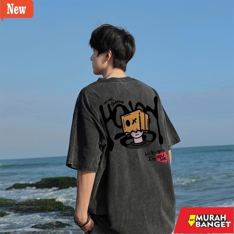 Kaus basic korea jumbo yg lagi viral- PUERTO Washed Kaos Pria Hip Hop Cartoon Anime Graffiti Baju Ov
