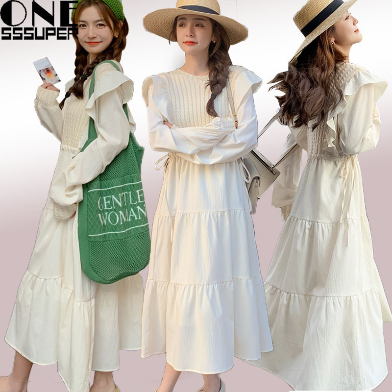 gaun lengan panjang wanita Dress pinggang ruffle ala Korea