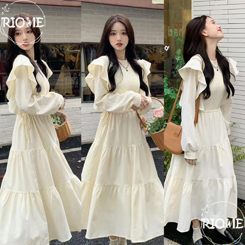 gaun lengan panjang wanita Dress pinggang ruffle ala Korea