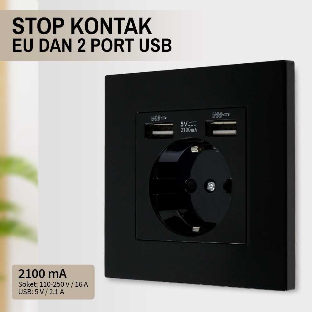 BSDMall- Stop Kontak Dinding EU Colokan Listrik Dinding dan 2 Port USB 2100 mA