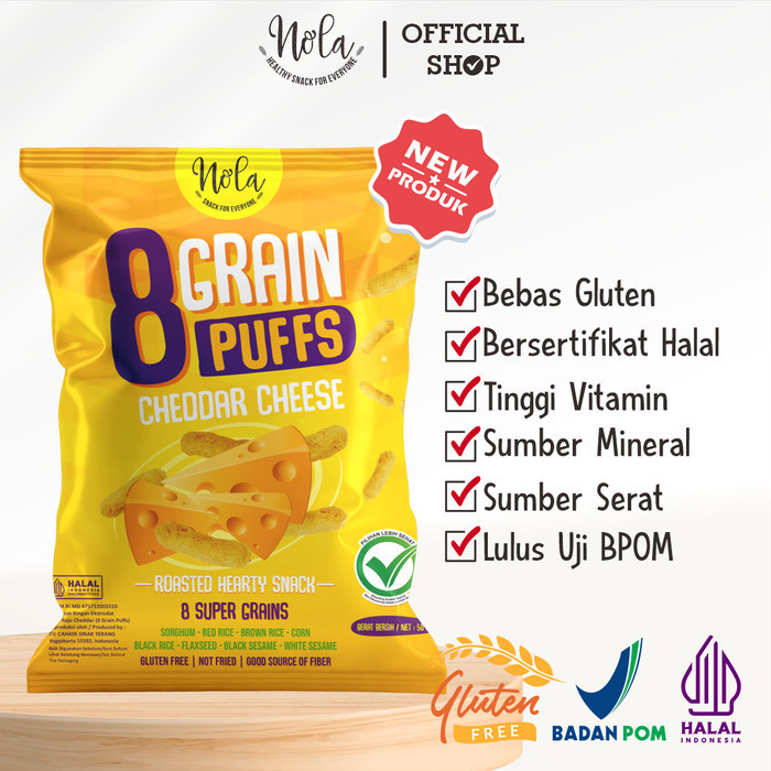 

Nola 8 Grain Puffs Cheddar Cheese (Rasa Keju Cheddar) 50 Gram