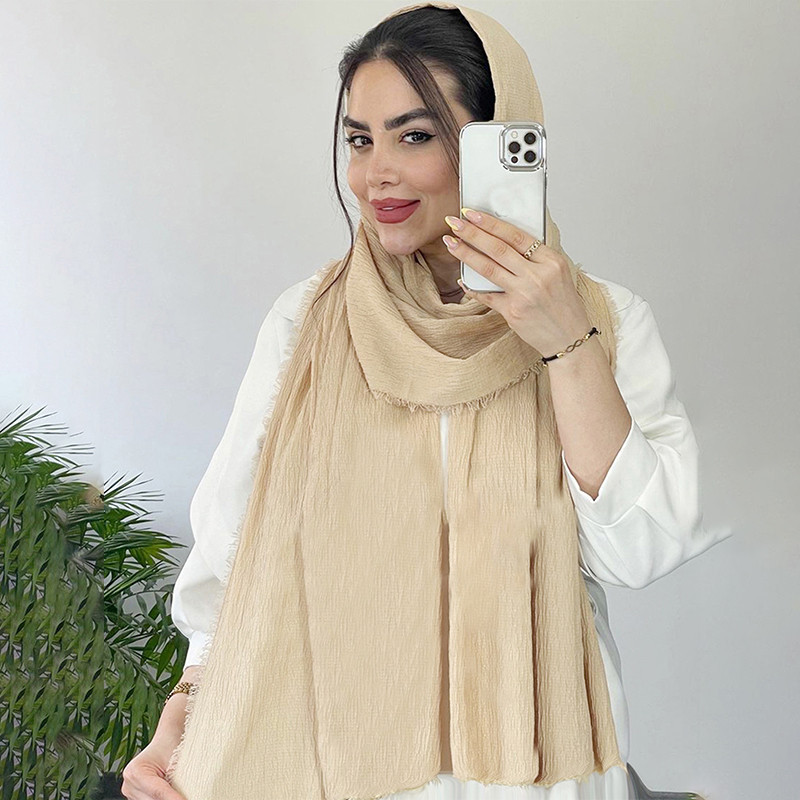 

High Quality Cotton Muslim Hijab Viscose Crinkle Women Pashmina Soft Touching Tassel Shawl Long Scarf