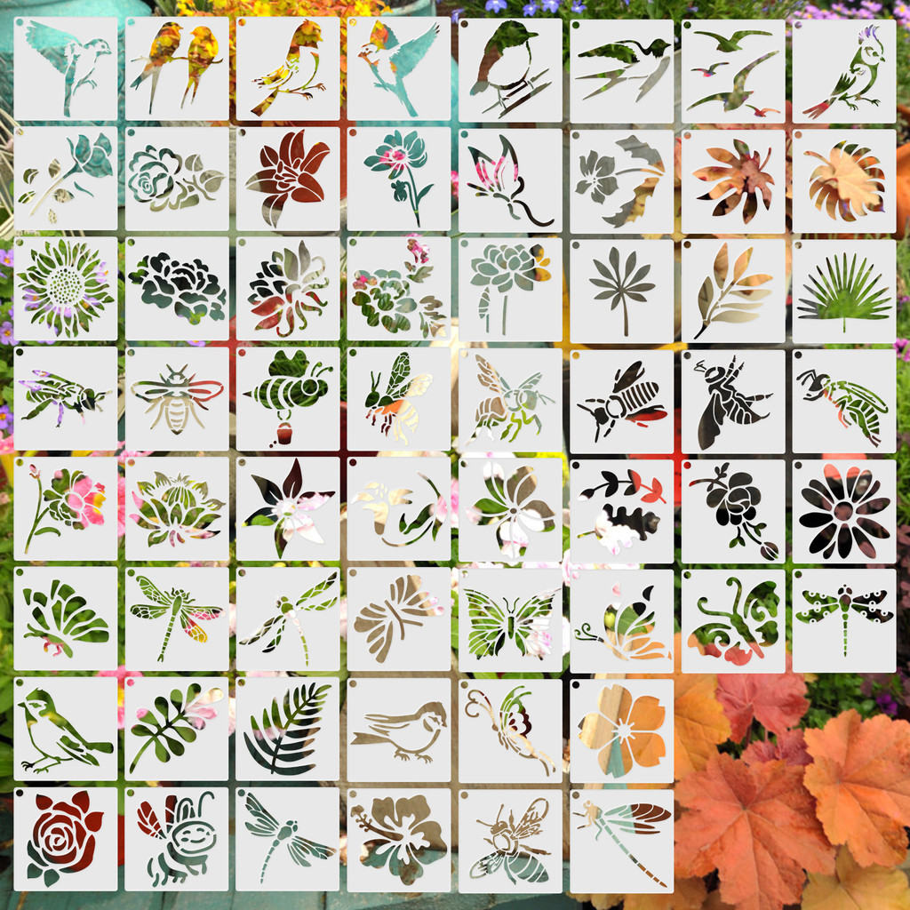 

60Pcs Painting Stencils on Wood Canvas Reusable Art Drawing Template Decorative Bird Floral DIY Stencil for Card Wall Decor