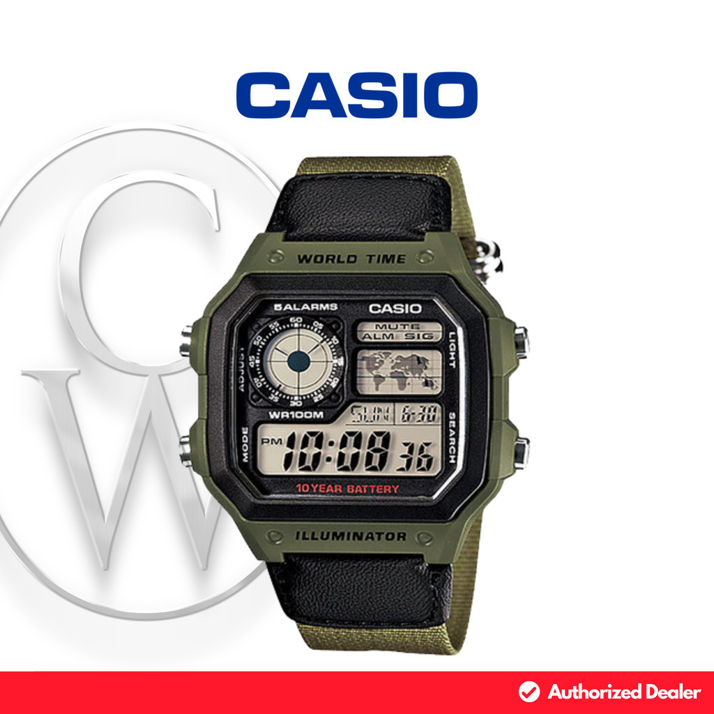 Jam Tangan Pria Casio General AE-1200WHB-3B Nylon Sporty Kasual Digital Retro Vintage World Time Ill