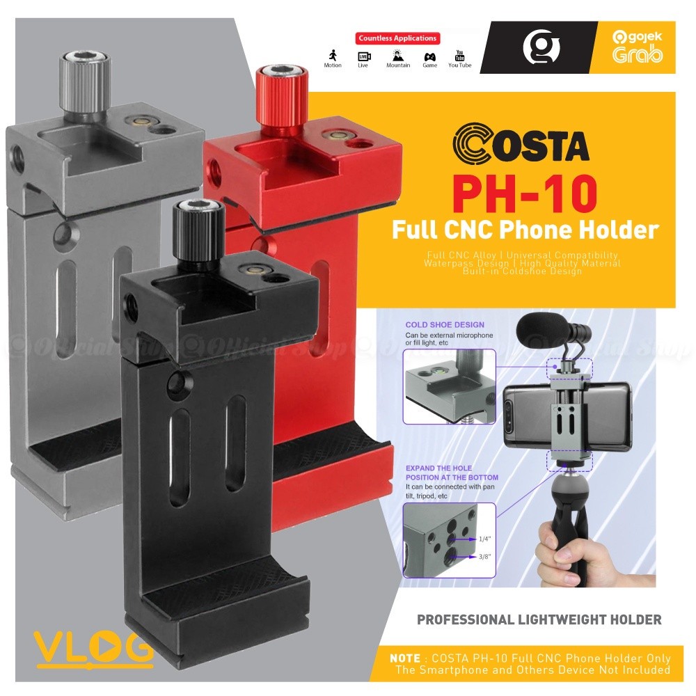 COSTA PH-10 CNC Metal Phone Holder HP Tripod with Hot Shoe / Waterpass (Holder U Handphone Smartphon