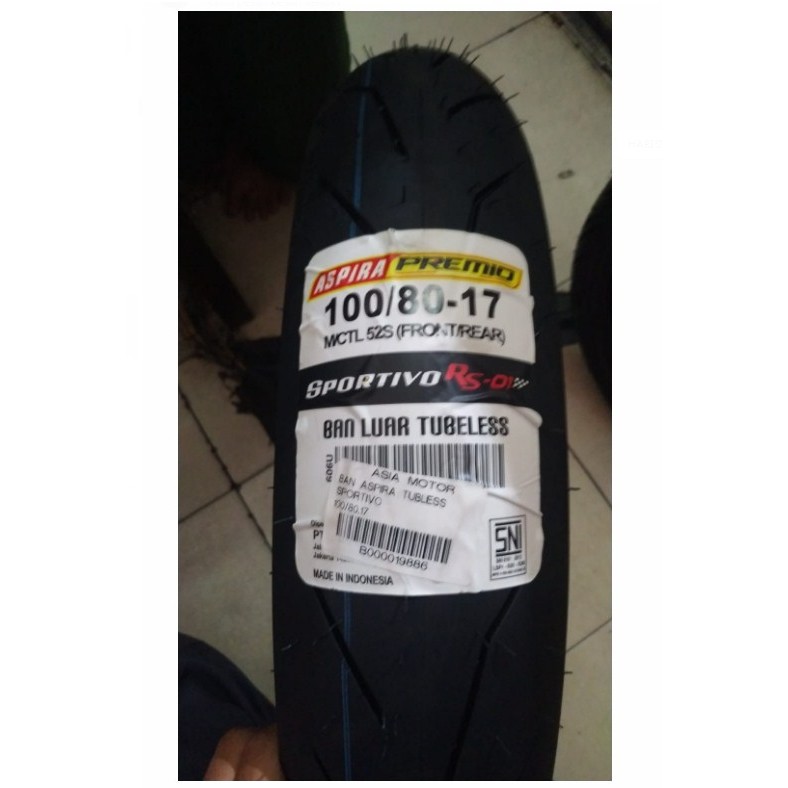 Ban Tubeless Aspira Premio Sportivo RS 01 Ukuran 100/80 Ring 17 Ban Luar Motor