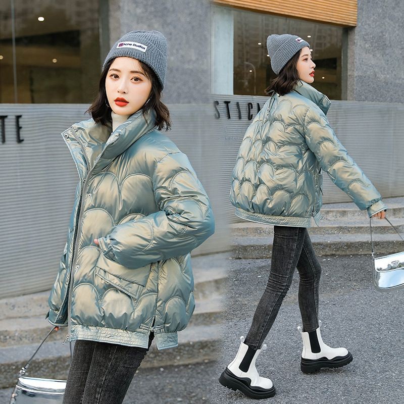 Wash free glossy cotton jacket for women 2021 winter new Korean version loose standing collar cotton