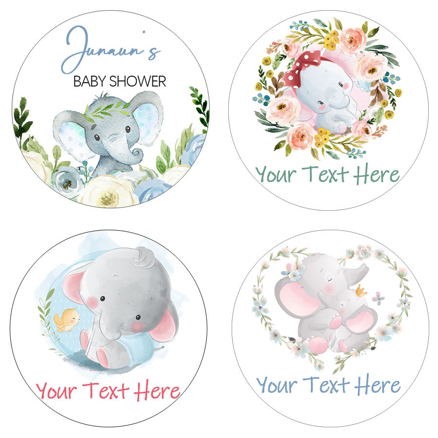 

Custom Newborn Baby Shower Stickers Personalized Name Date Text Elephant Gender Reveal Party Favors Stickers Party Decorations