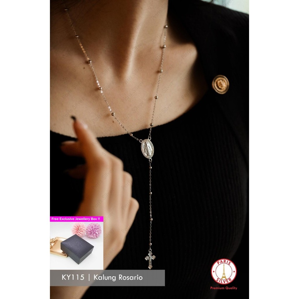 Kalung Salib Rosario Bunda Maria Perak Asli Silver 925 Lapis Emas Putih Liontin Salip Pria Wanita Me
