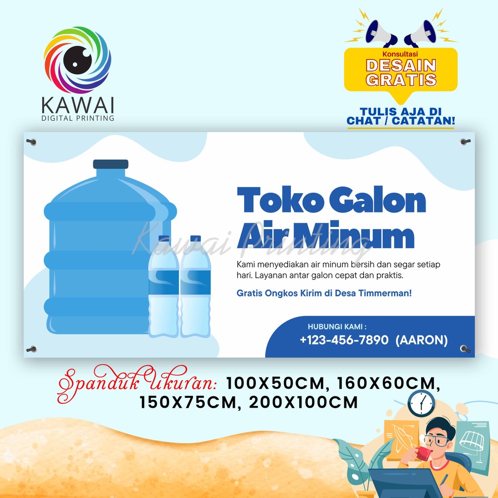 SPANDUK / BANNER Jualan Galon Air Minum Isi Ulang Biru Muda Putih Free Desain