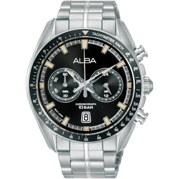 JAM TANGAN PRIA ALBA SIGNA A4B015 A4B015X1 CHRONOGRAPH BLACK DIAL SILVER STAINLESS STRAP ORIGINAL