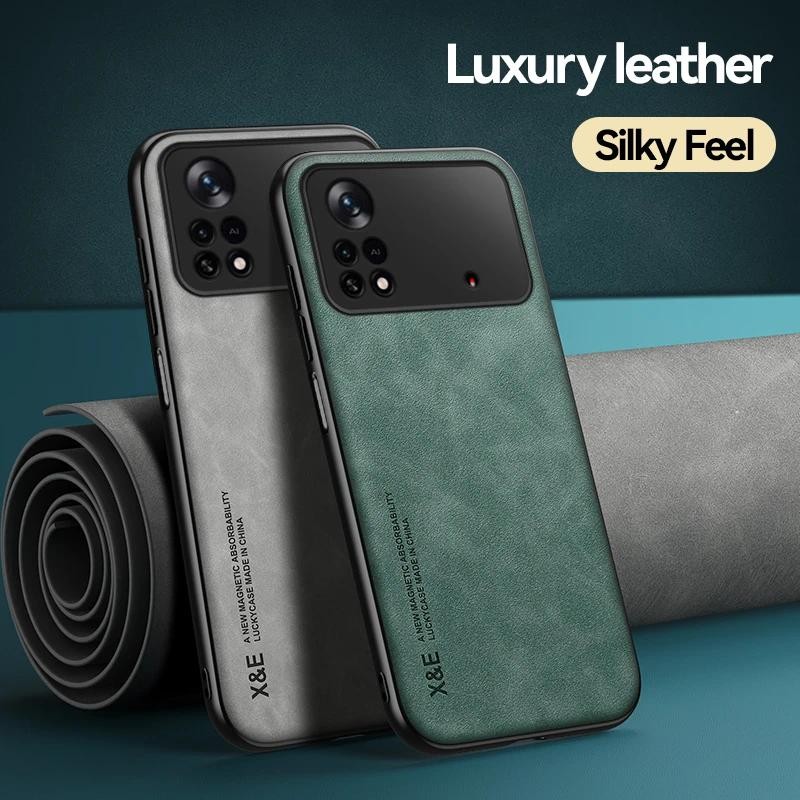 Phone casing Xiaomi Poco M4 Pro 4G Case Car Magnetic Holder fine woolly sheepskin Leather Case For P