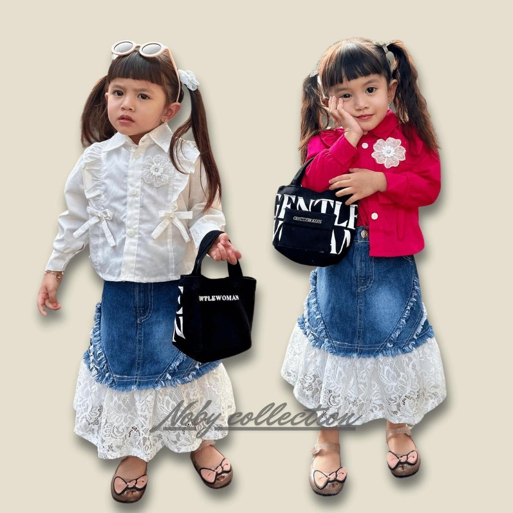 WP27U One Set Hachimi Setelan Rok Jeans Kemeja Anak Perempuan Usia 2-13 Tahun