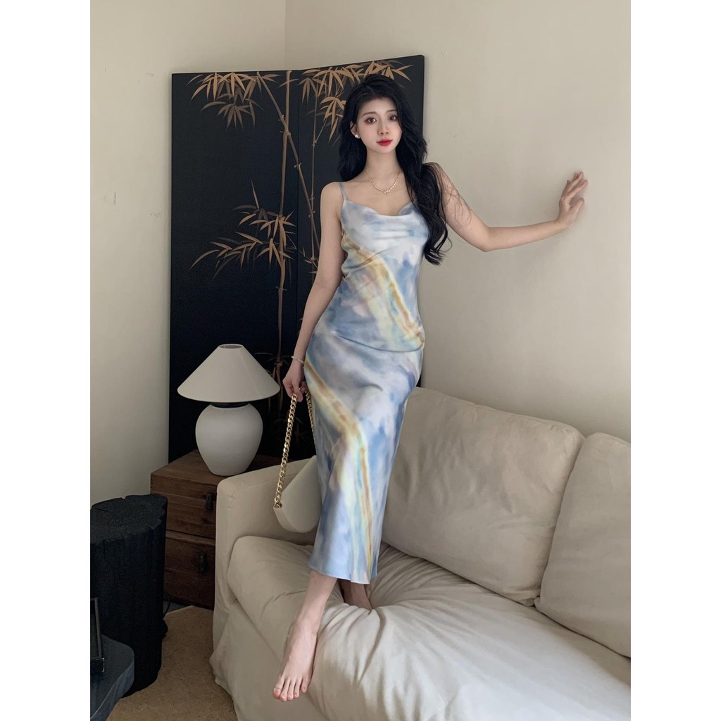 dress korean style Elegant pantai biru backless cantik tanpa lengan midi dress terbaru 2024 big size
