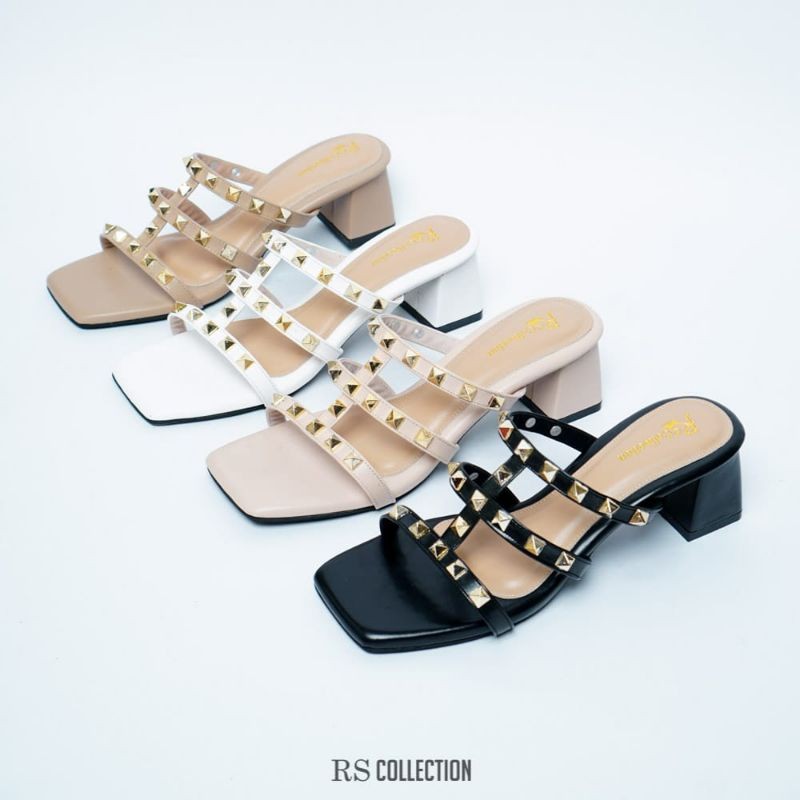 Amanda heels wanita aksesoris piramid kekinian heels 5cm Nude Hitam putih Peach