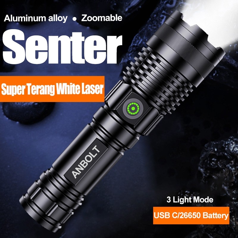 JK65TR Anbolt A55 Senter LED Super Terang 90000 lumens USB C Rechargeable Senter Anti Air Zoomable F