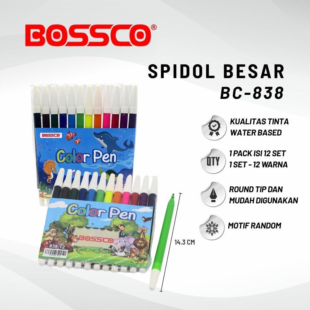 

(1 GROSS) Spidol BOSSCO 12 WARNA BESAR 838/ Spidol 12 warna BOSSCO 838/ BOSSCO pw 12 warna BESAR