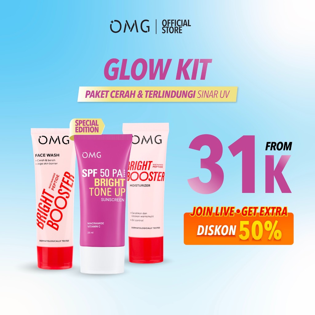 [BEST SELLER BUNDLE!] OMG Bright Booster Glow Kit - Paket Tone Up (Facewash, Moisturizer, Sunscreen)