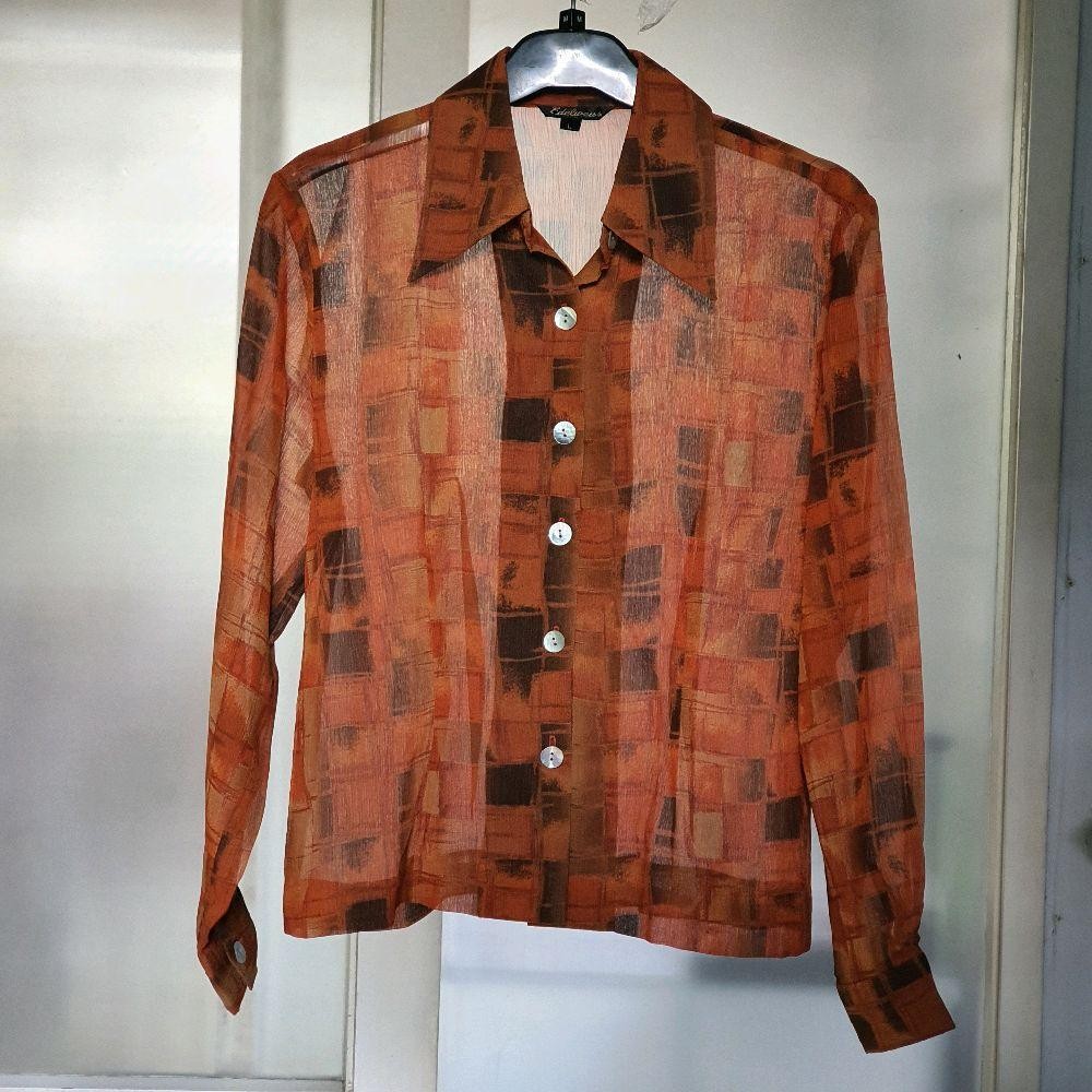 E baju wanita blouse blus kemeja lengan panjang merek edelweiss warna oren merah bata preloved secon