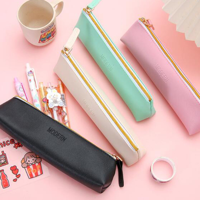 

New PU Leather Zipper Pen Pencil Bag Simple Vintage Color Case Storage Pou for Pens Stationery S ool Mini Pencils Bag