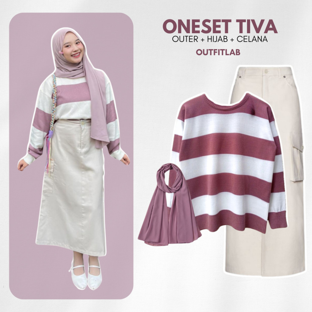 Outfit Set Tiva Hijab Wanita Sweater Rajut Garis Rok Cargo Pashmina Jersey Setelan OOTD Wanita Chic