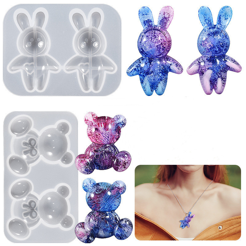 

DIY Crystal Epoxy Resin Mold Mirror Rabbit Bow Bear Key Chain Pendant Silicone Mold