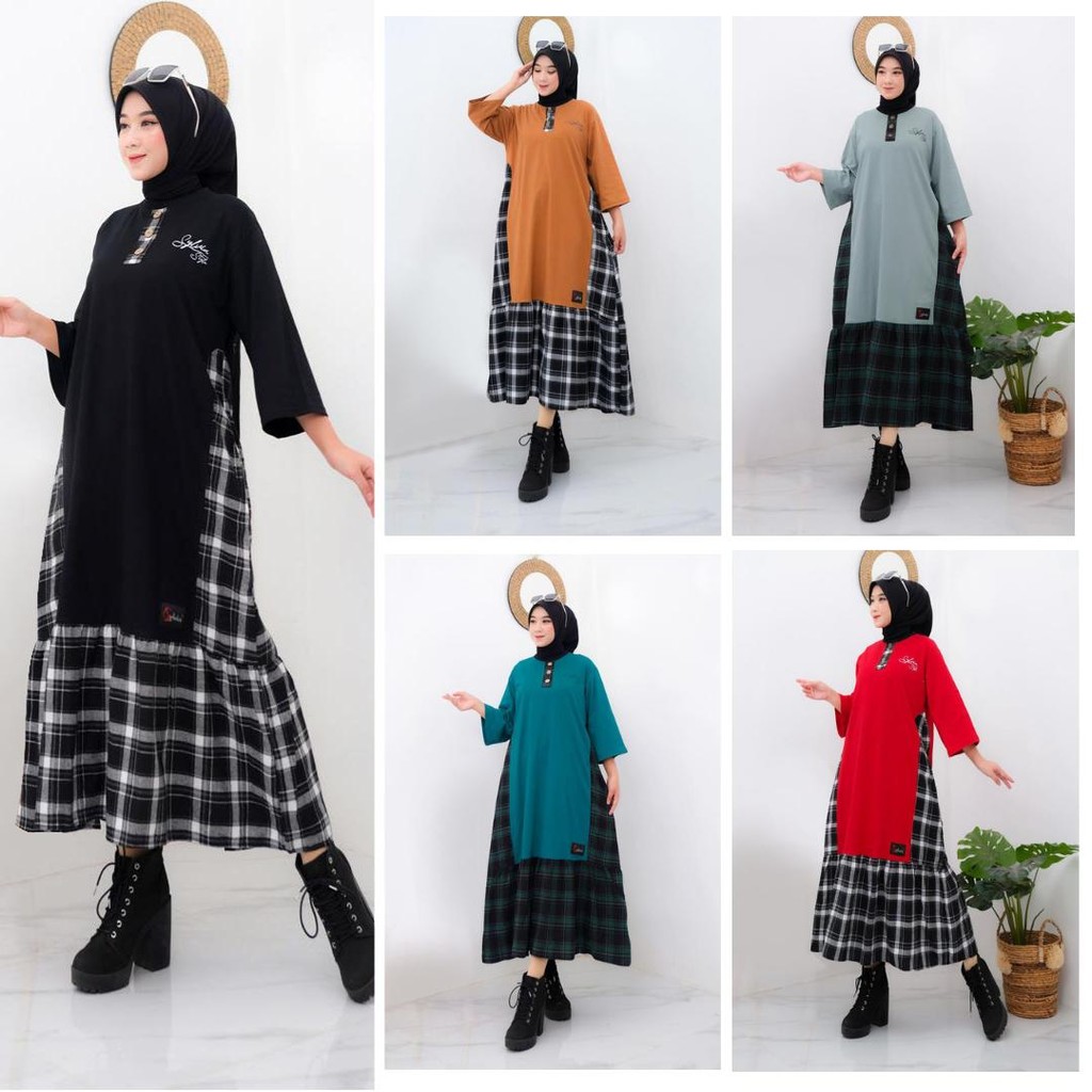 Long Tunik Kaos mix Flannel Sylvia LT.02 Katun Combed Dress Midi  Tebal  Wanita  Muslim  Panjang Dew