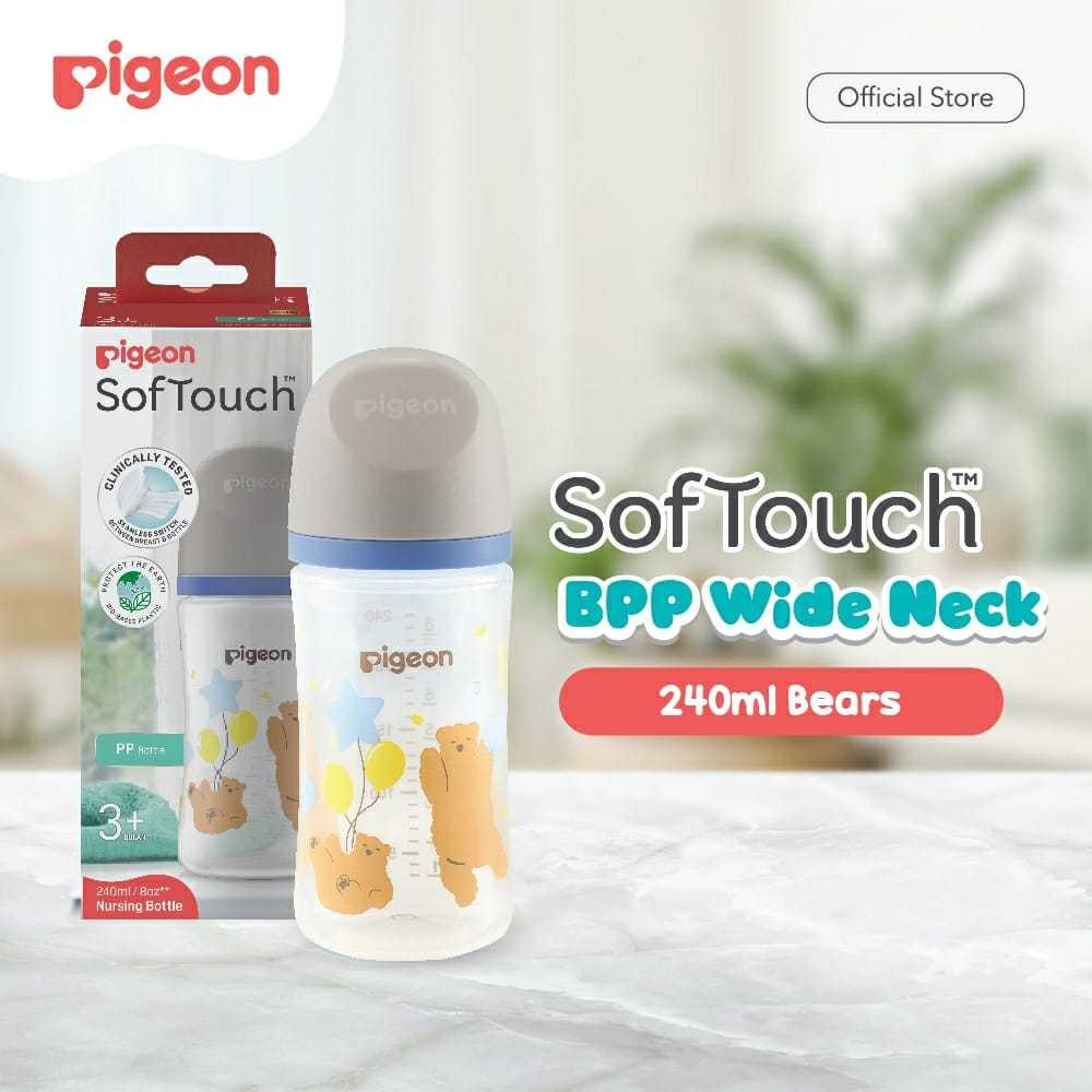 PIGEON -SOFTOUCH NURSING BOTTLE WIDE NECK 240ML (3M+) - BERUANG