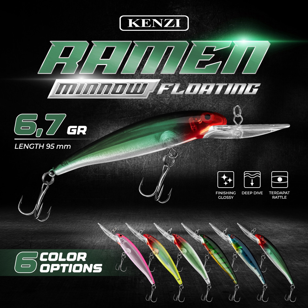 LURE KENZI RAMEN  95mm 6.7gr MINNOW FLOATING Umpan Pancing Tiruan Ikan Mainan AIr Tawar & Laut HX