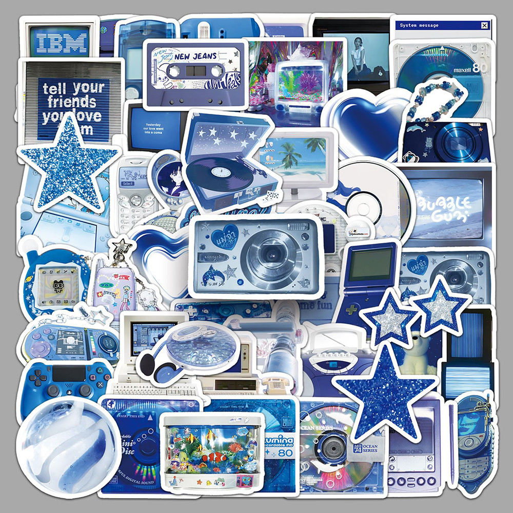 

10/30/50pcs Retro Y2K Blue Stickers Electronic Digital Cartoon Decals Kids Toys Skateboard Phone Notebook Bike Waterproof Toys