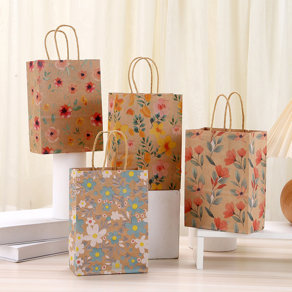 

4Pcs Flower Theme Kraft Paper Gift Packing Bag Cookie Candy Shopping Tote Bag for Birthday Baby Shower Wedding Party Decoration