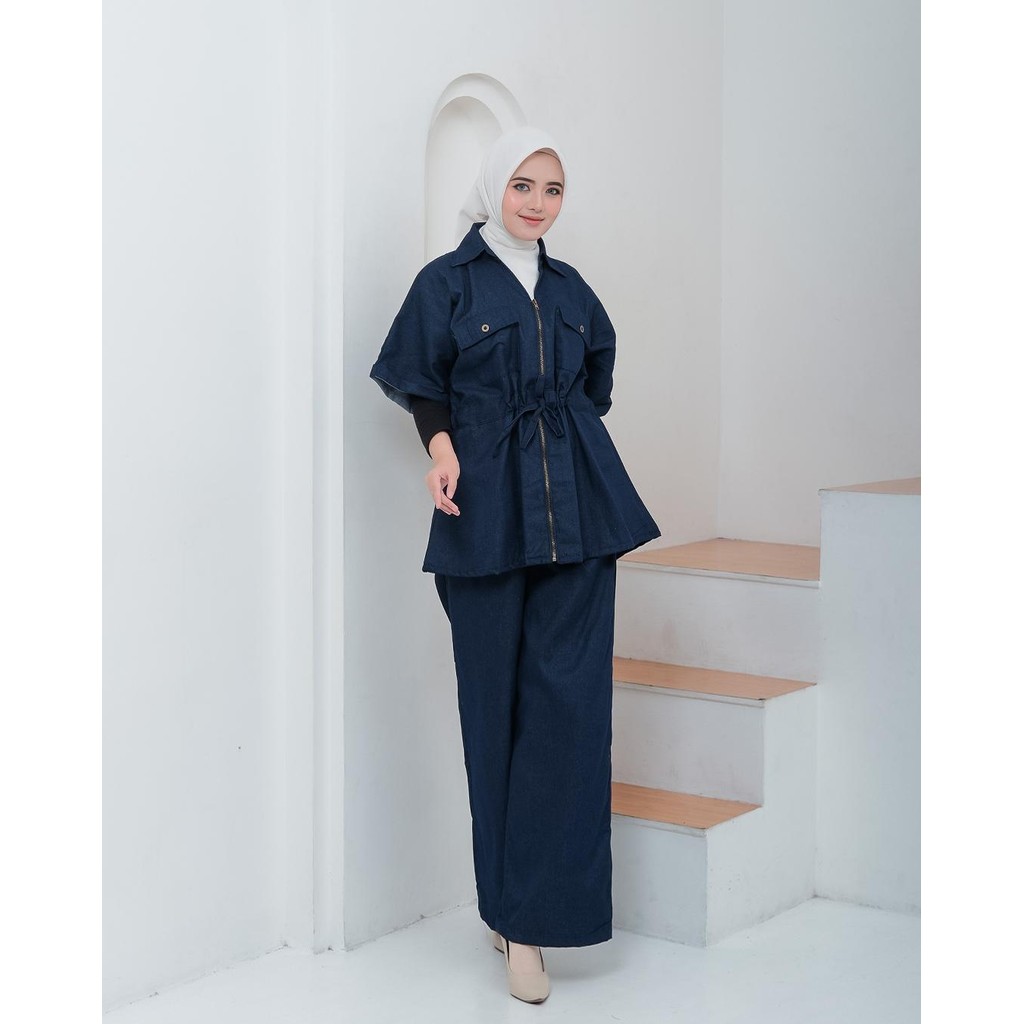 Setelan Blouse Wanita Denim Kulot & Blouse  Atasan CLARA | Baju Set Remaja Dewasa Modis Kekinian One